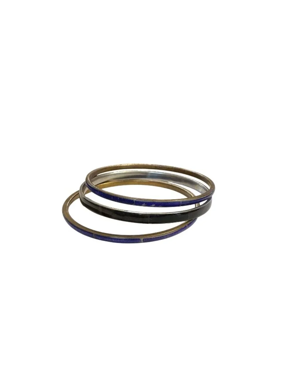 Vintage Lot Of 3 Enamel Stacking Layering Bangles Blue & Black 2.5-Inch Diameter